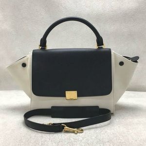 Celine Trapeze Small 2Way Shoulder Bag Canvas Leather White/Black 50% OFF